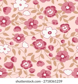 Patrón floral sin fisuras, delicado estampado sucio. Flores dibujadas a mano. Diseño botánico suave en colores melocotón y rosa. Flores diminutas, hojas, mini ramos simples abstractos. Ilustraciones vectoriales 