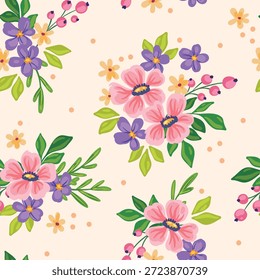 Padrão floral perfeito, impressão delicada e elegante em estilo feminino. Design botânico bonito de plantas pintadas, buquês desenhado à mão romântica, flores pequenas simples, folhas, fundo branco. Ilustração vetorial