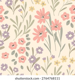 Seamless floral pattern, delicate ditsy print of spring meadow in a girly, baby motif. Cute botanical design in pastel colors. Small hand drawn flowers, tiny leaves abstract. Vector illustration.