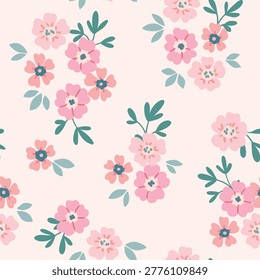 Seamless floral pattern, delicate ditsy print in a romantic motif. Cute botanical design of small hand drawn daisy flowers, pink buds, tiny leaves, simple mini bouquets abstract. Vector illustration.