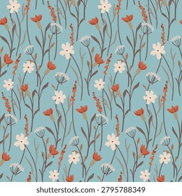 Seamless floral pattern, delicate ditsy print of minimal wild plants in a spring motif. Cute botanical design of small hand drawn flowers, tiny leaves, mini herbs on a blue field. Vector illustration.