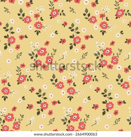 Seamless floral pattern, delicate ditsy print in country fashion motif. Cute botanical design, liberty style with small hand drawn flowers, tiny leaves, simple mini bouquets. Vector illustration.