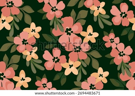 Seamless floral pattern, delicate ditsy print in liberty style. Botanical design of small drawing flowers, large leaves, simple tiny bouquets on a green. Flower textile fashion, vector illustration.