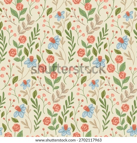 Seamless floral pattern, delicate ditsy print in an old fashion motif. Romantic design of hand drawn wild plants in pastel colors, small flowers, tiny green leaves, spring meadow. Vector illustration.