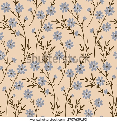 Seamless floral pattern, delicate ditsy print in a vintage motif. Cute botanical design of tiny hand-drawn wild plants, small flowers, thin twigs, leaves branches abstract. Vector illustration.