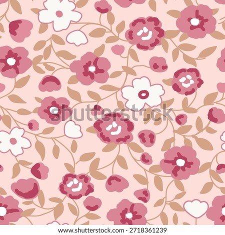 Seamless floral pattern, delicate ditsy print. Hand drawn flowers. Gentle botanical design in peach and pink colors. Tiny flowers, leaves, simple mini bouquets abstract. Vector illustrations 
