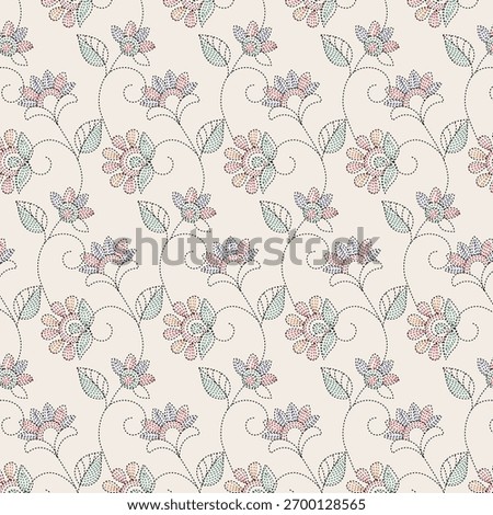 Seamless floral pattern with a delicate embroidery "running stitch" effect. Stylized colorful flowers and vines on a beige background. Inspired by folk art like Kantha or Sashiko. For textiles