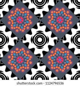 Seamless floral pattern, delicate flower wallpaper, wildflowers, tansy. Abstract flowers pattern in red, brown and orange colors. Retro design.