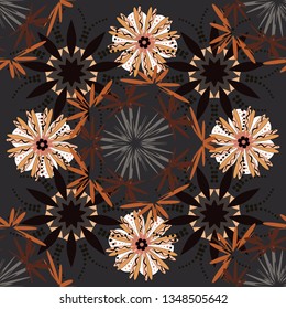 Seamless floral pattern, delicate flower vector wallpaper, wildflowers, tansy. Retro design. Abstract flowers pattern in gray, black and brown colors.