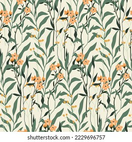 Seamless floral pattern, delicate flower print: wild plants in natural colors. Trendy botanical design of hand drawn botany: small flowers twigs, large leaves on white background. Vector illustration.