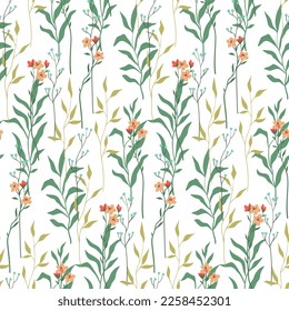 Patrón floral sin foco, delicado estampado floral con botánica primaveral. Hermoso diseño botánico con plantas silvestres dibujadas a mano: flores pequeñas, hojas, ramas sobre un fondo blanco. Ilustración vectorial.