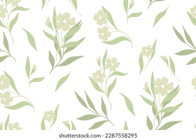 Seamless floral pattern, delicate flower print with branches on a light surface. Elegant botanical design with small hand drawn flowers on branches, leaves on white background. Vector illustration.