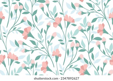 Seamless floral pattern, delicate flower print with wild plants. Romantic botanical design in light colors: small hand drawn flowers, long stems, leaves on a white background. Vector illustration.