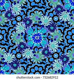 Seamless floral pattern, delicate flower vector wallpaper, wildflowers, tansy. Abstract flowers pattern in green, blue and black colors. Retro design.