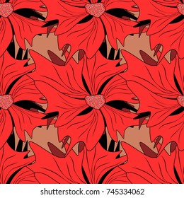 Seamless floral pattern, delicate flower vector wallpaper, wildflowers, tansy. Abstract flowers pattern in black, orange and red colors. Retro design.