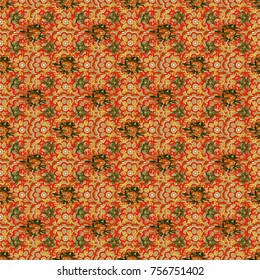 Seamless floral pattern, delicate flower vector wallpaper, wildflowers, tansy. Abstract flowers pattern in green, orange and neutral colors. Retro design.
