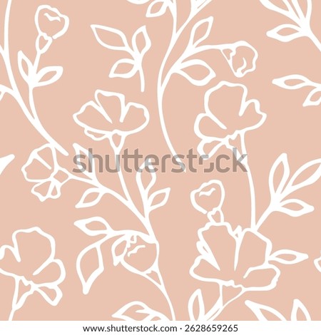 Seamless floral pattern, delicate flower print with hand drawn plants. Elegant botanical design of outline sketch branches. Small flowers, leaves, twigs abstract. Vector illustration in two colors.