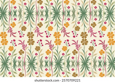 seamless floral pattern with delicate flowers, lush greenery, and intricate details perfect for textile, wallpaper, wrapping paper, and nature-inspired prints