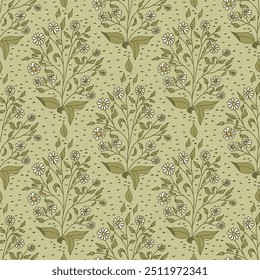 Seamless floral pattern with delicate green foliage and small white flowers on a muted green background. Daisy arts and crafts repeat surface design for fabric or wallpaper.