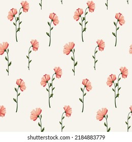 Seamless floral pattern with delicate hand drawn plants on a white surface. Rustic ditsy print, romantic botanical background with pink cosmos flowers. Imitation of watercolor, vector.