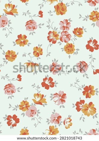 Seamless floral pattern with delicate hand drawn orange and pink flowers