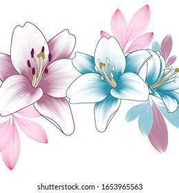 Seamless floral pattern with delicate hand-drawn lilies flowers for wallpaper design, gift wrapping paper. Vector illustration.
