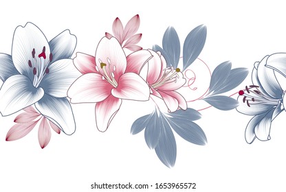 Impresionante estampado floral con delicadas flores de lirios dibujadas a mano para el diseño de papel pintado, papel de regalo. Ilustración vectorial.