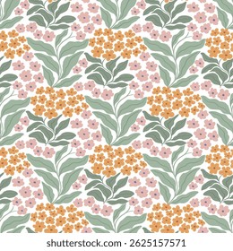 Seamless floral pattern with delicate hand-drawn flowers and soft green leaves. Pastel vintage color palette. Perfect for fabric, wallpaper, and stationery design.