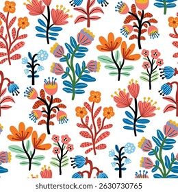 Seamless floral pattern with delicate hand-drawn modern flowers. Vintage pastel color palette. Ideal for fabric, wallpaper, stationery, packaging, and surface design.