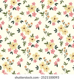 Seamless floral pattern, delicate liberty ditsy print, abstract ornament in soft vintage motif. Cute botanical design: small hand drawn flowers, tiny leaves, simple mini light yellow bouquet. Vector