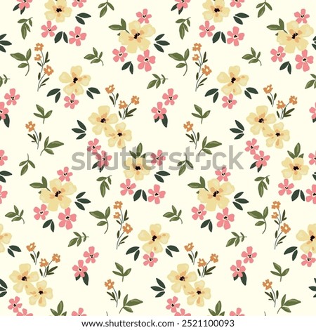 Seamless floral pattern, delicate liberty ditsy print, abstract ornament in soft vintage motif. Cute botanical design: small hand drawn flowers, tiny leaves, simple mini light yellow bouquet. Vector