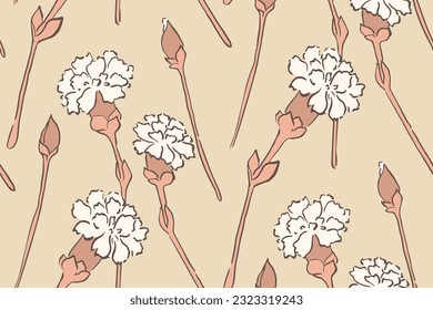 Patrón floral sin inconfundibles, delicado patrón con flores de carnación de dibujos en línea en colores pastel. Diseño botánico romántico, adorno con flores dibujadas a mano sobre un fondo claro. Ilustración vectorial.