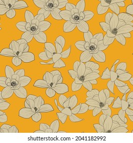 Patrón floral sin foco. Magnolia delgada sobre fondo amarillo