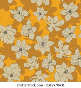 Seamless floral pattern  Delicate magnolia yellow background