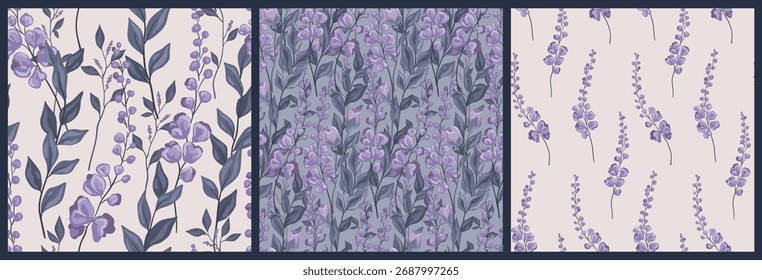 Padrão floral contínuo, impressão de natureza delicada de plantas selvagens desenhadas à mão. Projeto botânico romântico em cores roxas, flores pequenas, folhas grandes, galhos abstratos em um campo de luz. Ilustração vetorial.