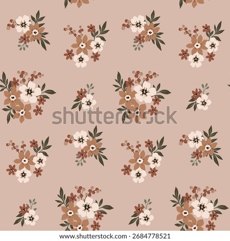 Seamless floral pattern, delicate nature ornament in a rustic motif. Pretty botanical design in natural colors. Small simple bouquets of hand drawn flowers, tiny leaves on beige. Vector illustration. 
