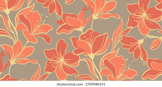 Seamless floral pattern with delicate orange lilies on a muted beige background, elegant botanical illustration