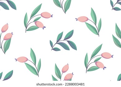 Nahtlose Blumenmuster, zartes Ornament mit rustikalem Motiv: Blattwerk und Beeren auf weißem Hintergrund. Geräumiges botanisches Design: handgezeichnete kleine Beeren, große Blätter, Äste. Vektorgrafik.