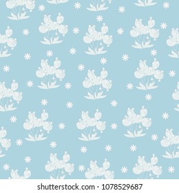 Seamless floral pattern in delicate pastel colors. Vintage, retro, lace. Beautiful flowers on pale blue background.