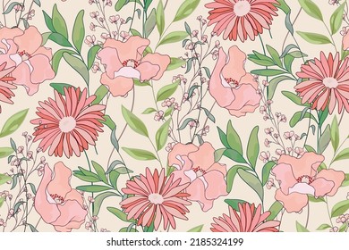 Seamless floral pattern in delicate pastel colors. Romantic botanical background, ditsy print with various wild plants, large pink flowers, leaves, herbs on a white surface. Vector.