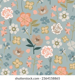 Impresionante estampado floral en delicados colores pastel. Fondo botánico romántico, impresión luminosa con varias flores sobre un fondo oscuro de colores pastel.