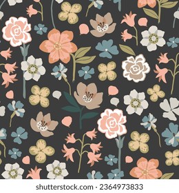 Seamless floral pattern in delicate pastel colors. Romantic botanical background, bright print with different colors on a black background in pastel colors.