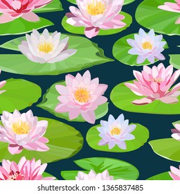 seamless floral pattern of delicate pink water lilies on large green leaves on dark background