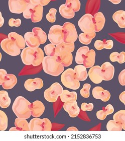 Seamless floral pattern with delicate pink flowers, red leaves on a dark gradient background. Romantic botanical print with unusual plants. Vector illustration.