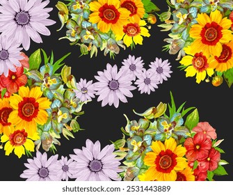 Padrão floral sem emenda com flores rosa delicadas em um fundo vibrante. Ideal para tecidos, papel de parede e projetos de papel de embalagem. Padrão perfeito com elementos de design de arte popular.