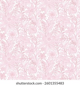 A seamless floral pattern with delicate pink line-art flowers on a white background. Suitable for fabric prints, wallpapers, gift wrapping, stationery, wedding invitations, branding, home decor.