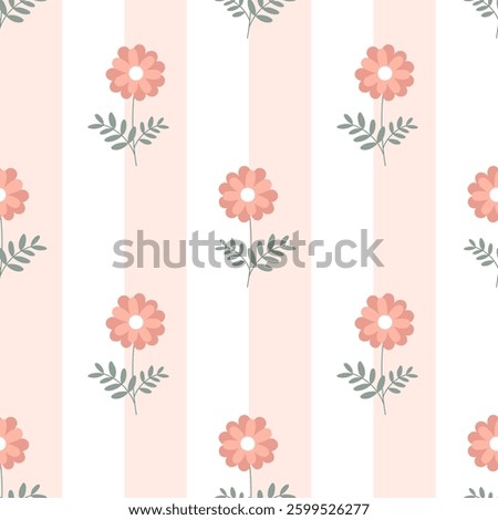 Seamless floral pattern with delicate pink flowers on striped background. Simple floral background in pastel colors, wallpaper