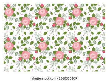 Seamless floral pattern. Pattern of delicate rose buds and flowers, leaves and leaflets with foliage and flowers in foundry graphics. Vector illustration for background, texture, wrapper pattern