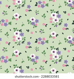 Seamless floral pattern, delicate rustic style ditsy print with spring botany. Cute botanical design with small hand drawn flowers, leaves in bouquets on a light green background. Vector illustration.