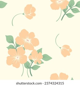 Seamless floral pattern, delicate rustic style flower print. Simple botanical design with hand drawn plants in pastel colors: drawing flowers, leaves on a white background. Vector illustration.